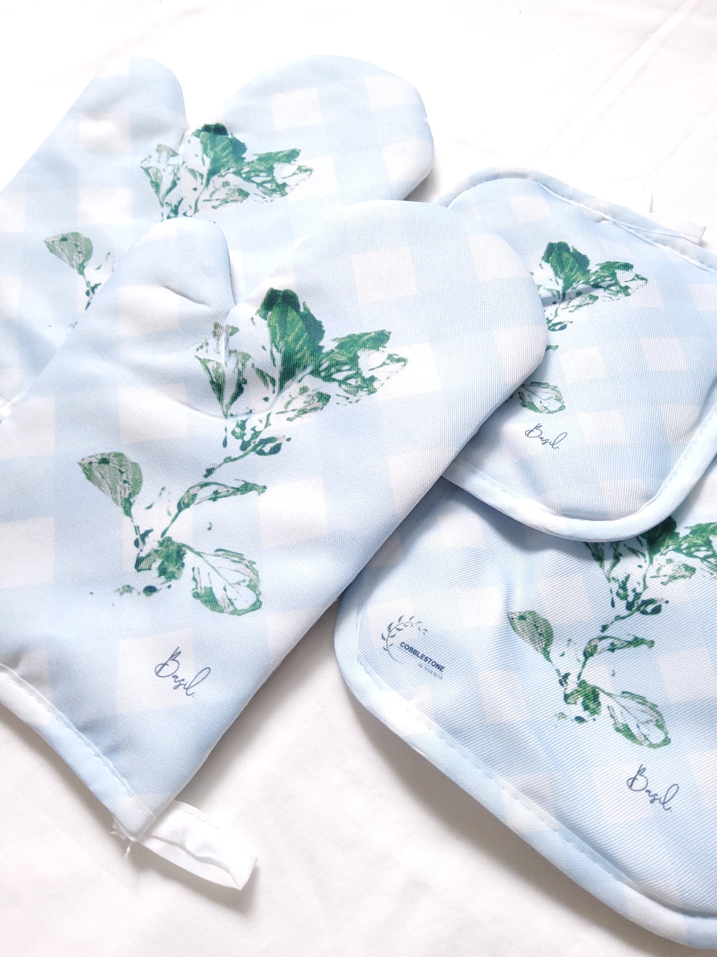 Blue Gingham & Basil Pattern Oven Mitt & Pot Holder Set