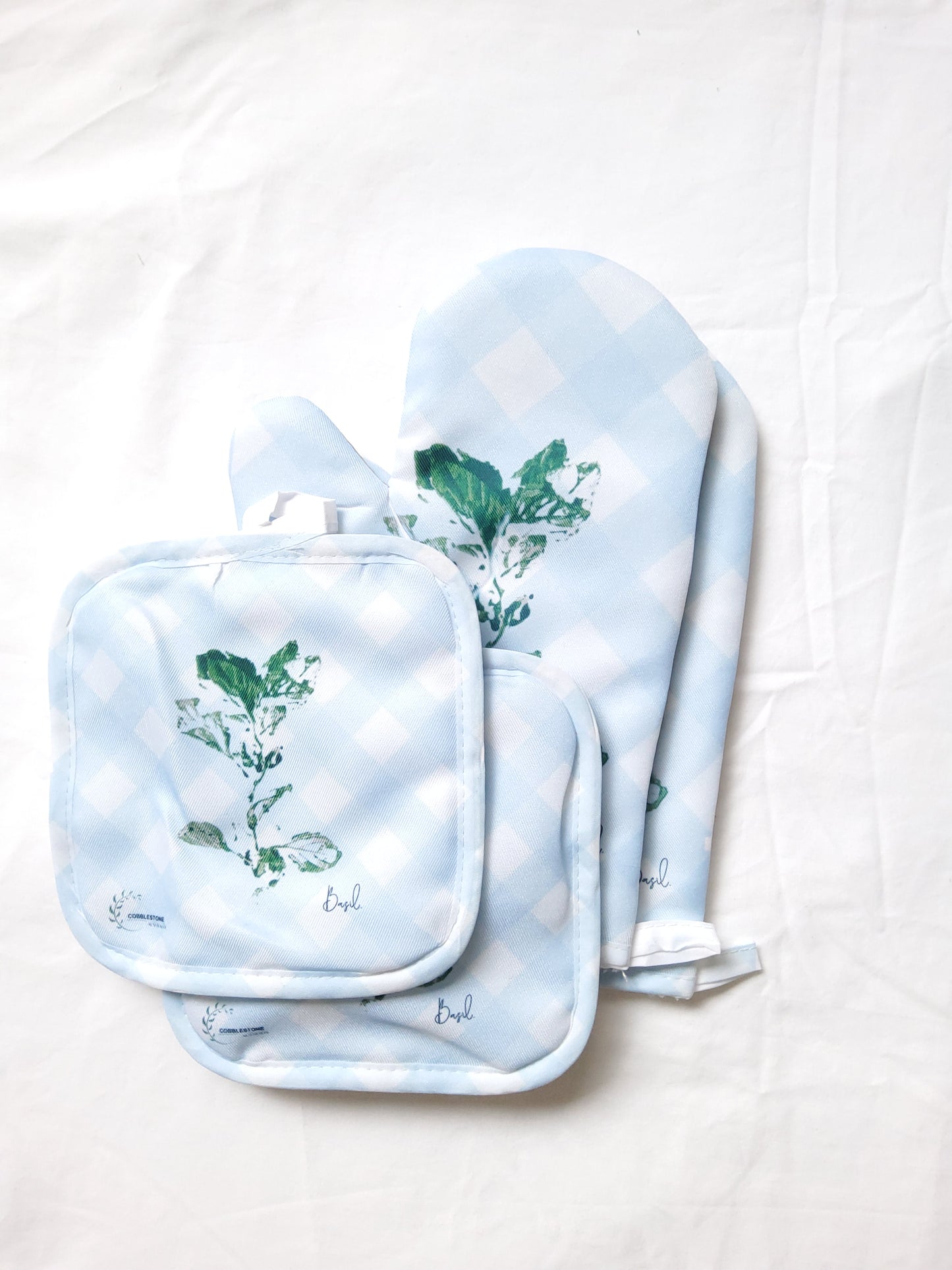 Blue Gingham & Basil Pattern Oven Mitt & Pot Holder Set