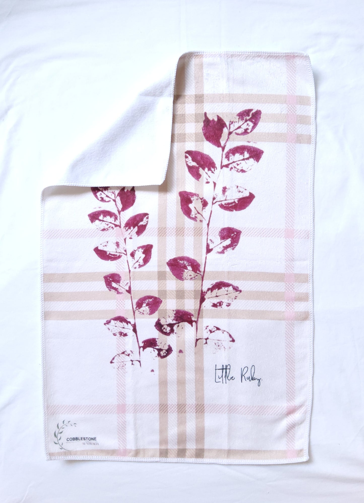 Beige/ Pink Little Ruby Gingham & Flower Pattern Microfibre & Beige Waffle Tea Towel Set 40x60cm