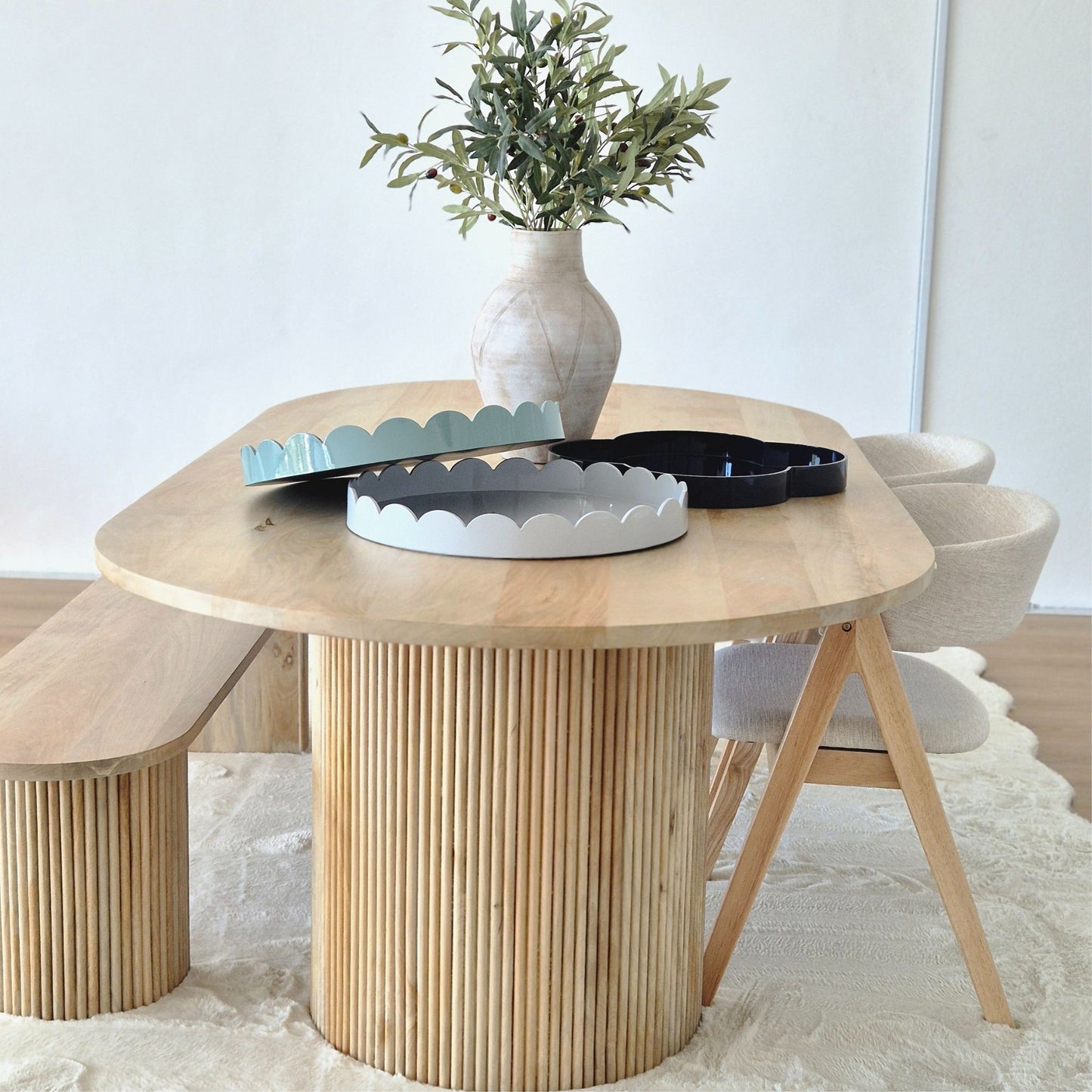 Dusty Blue Timber Scalloped Large Round Serving Tray 50cm