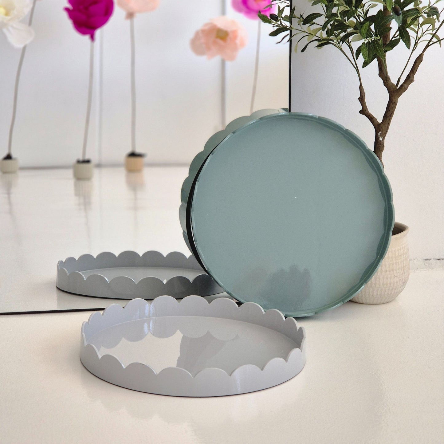 Dusty Blue Timber Scalloped Large Round Serving Tray 50cm