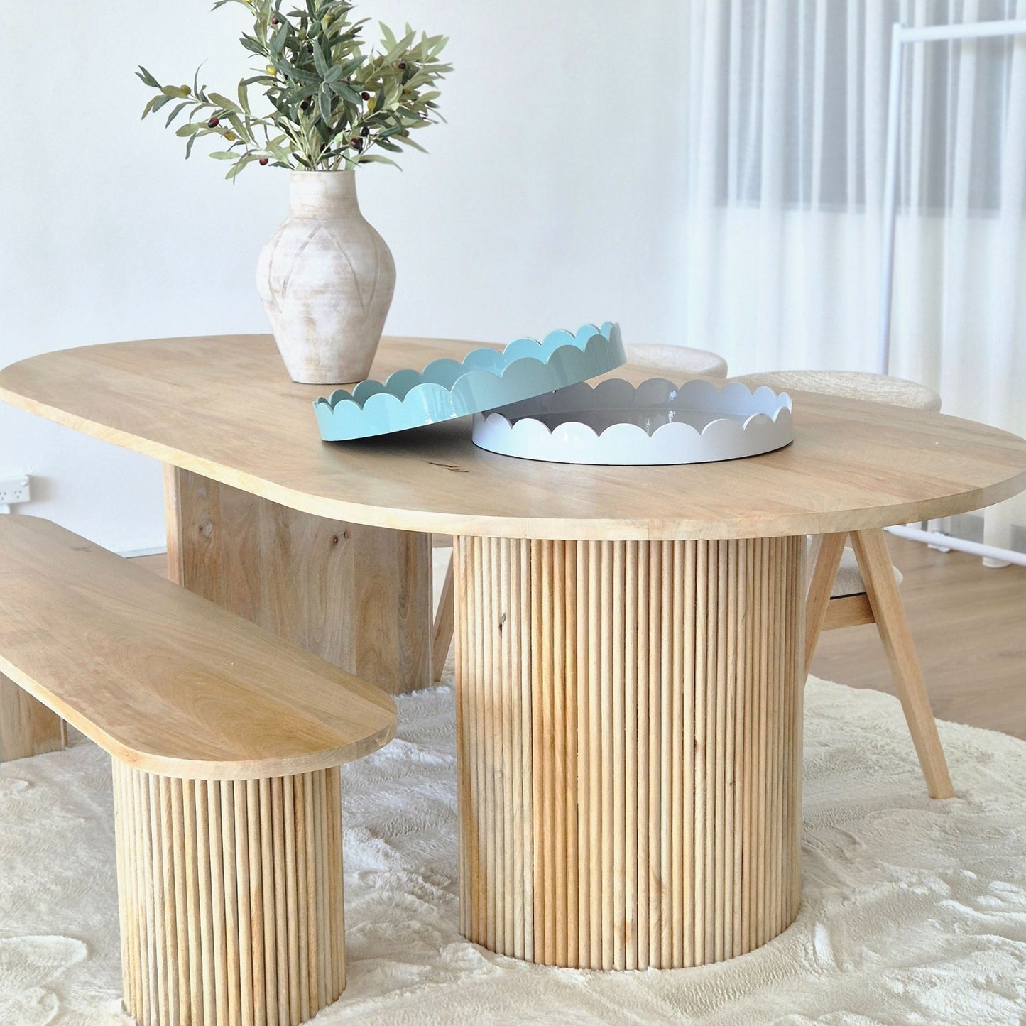 Dusty Blue Timber Scalloped Large Round Serving Tray 50cm