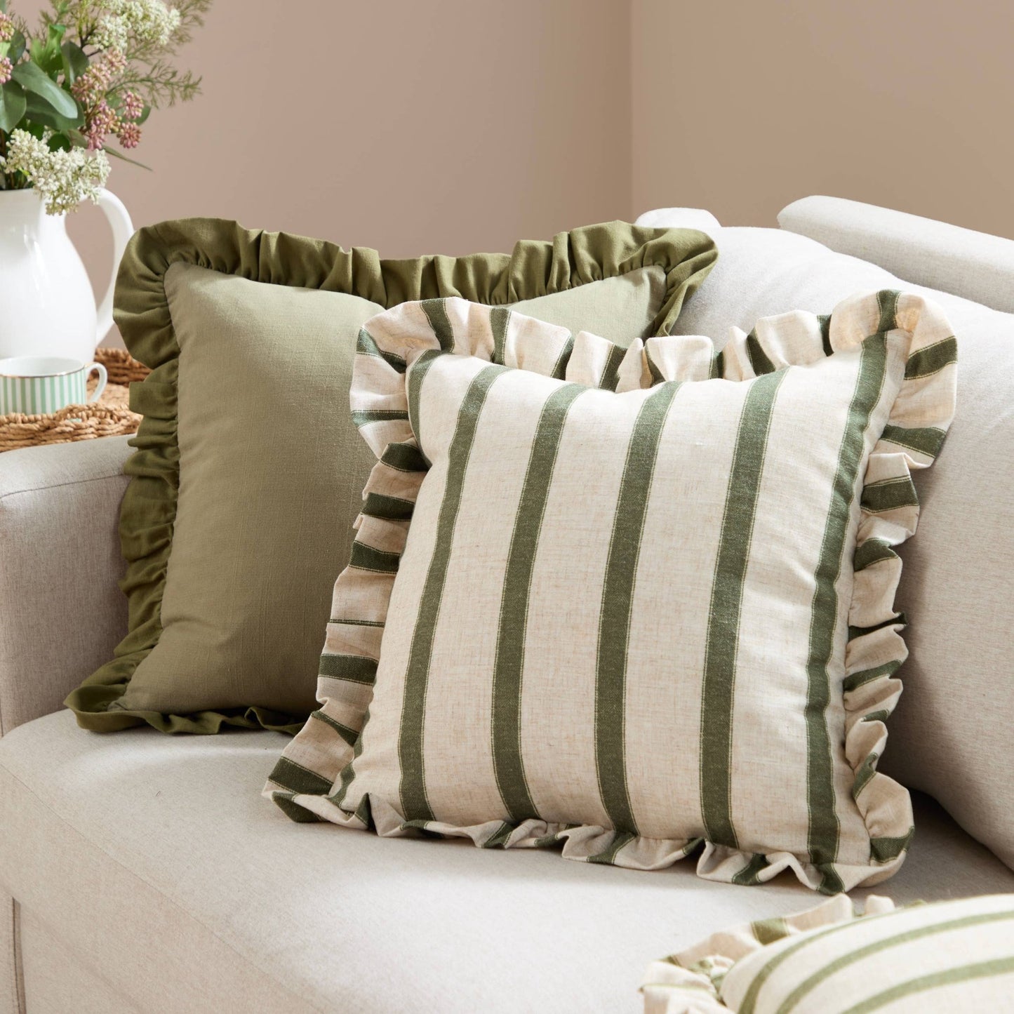 Moss Striped Ruffle Cushion Cover: 45 x 45cm - Cobblestone Australia