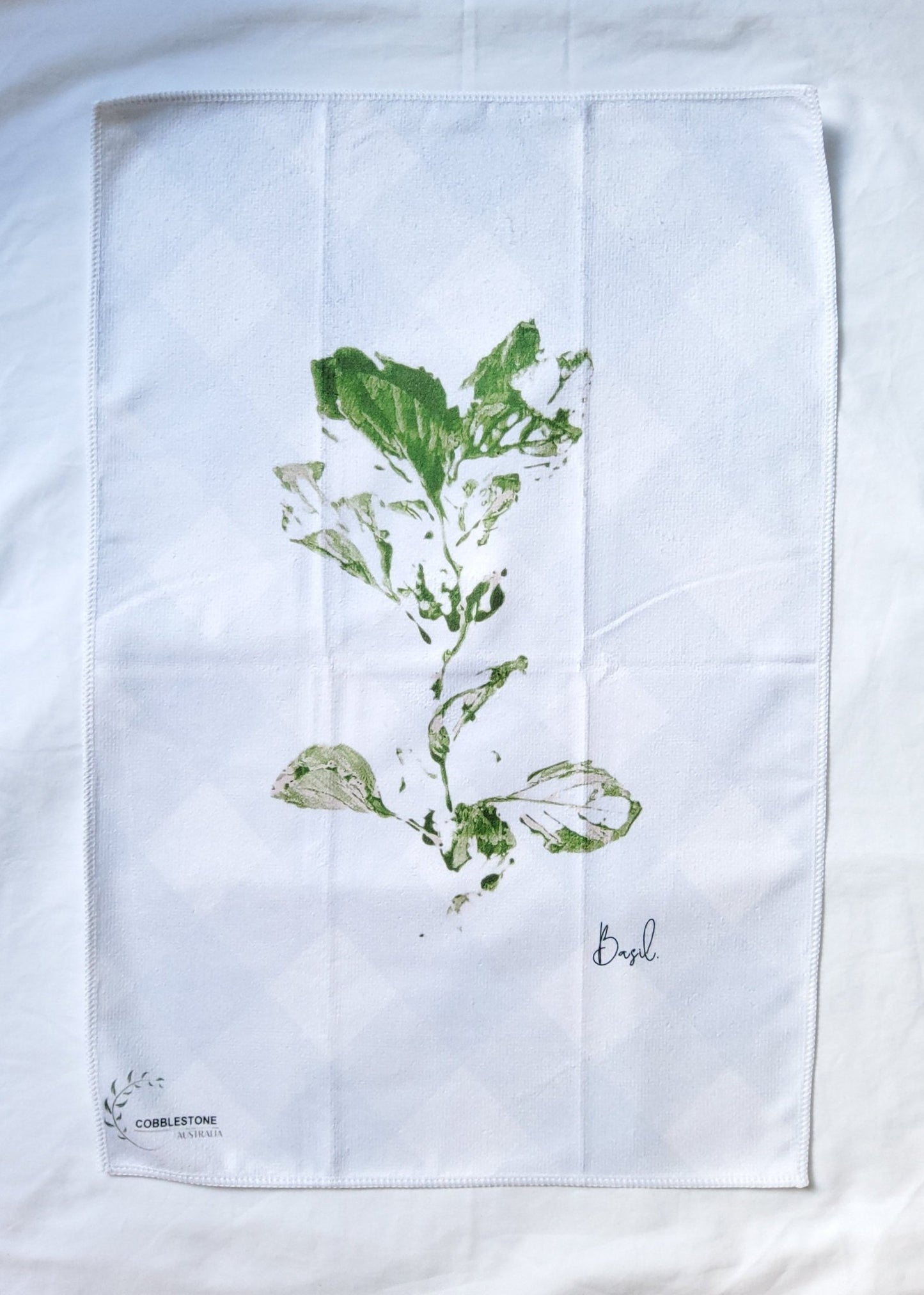 Pale Blue Gingham & Basil Pattern Microfibre & Green Waffle Tea Towel Set 40x60cm - Cobblestone Australia