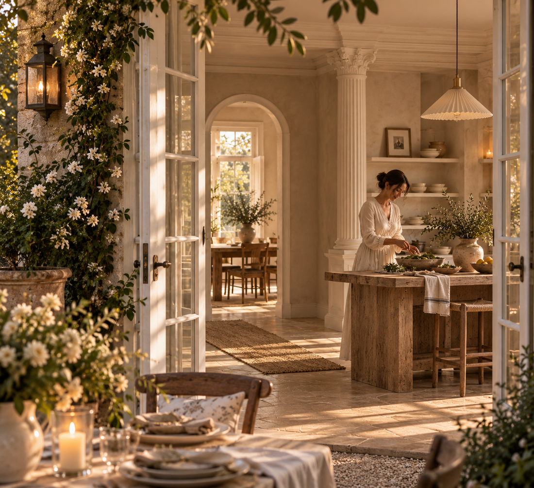 A softly styled spring table beneath an old willow tree, set with porcelain servingware and storybook details
