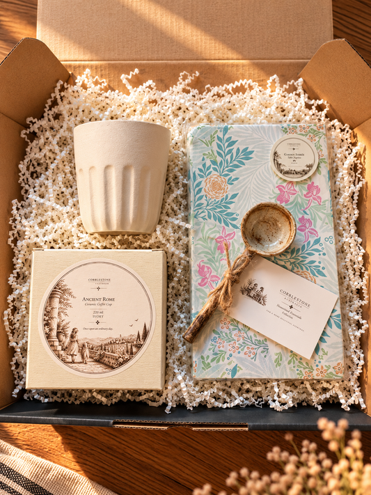 Ancient Rome ceramic coffee cup gift set presented with a spoon and decorative napkins