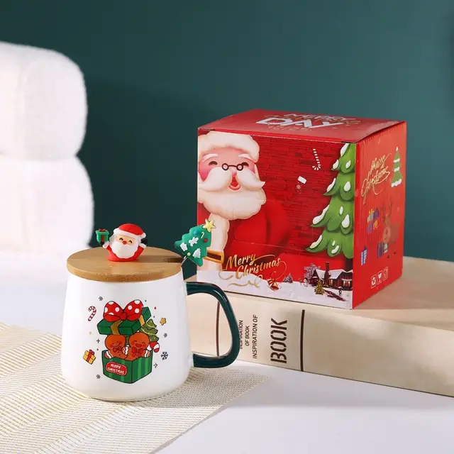 Christmas Coffee Cup with Bamboo Lid & Gold Spoon Gift Box Set ~ Present