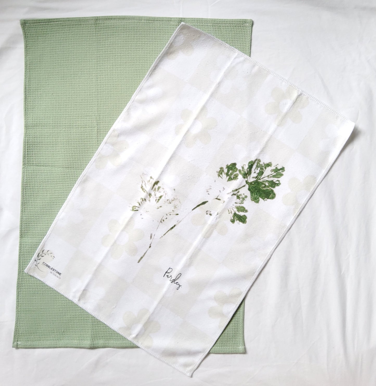 Fresh Apple Green Flower & Parsely Leaf Pattern Microfibre & Soft Green Waffle Tea Towel Set 40x60cm