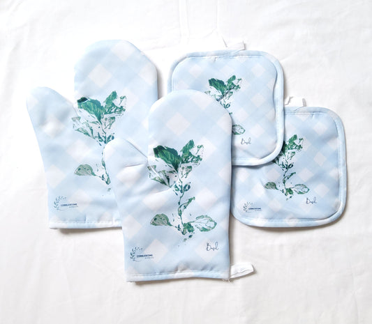 Blue Gingham & Basil Pattern Oven Mitt & Pot Holder Set