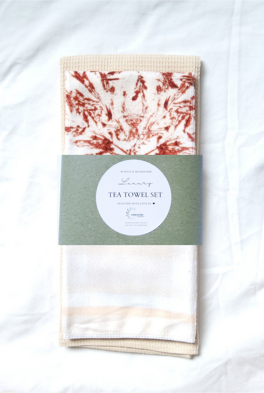 Soft Apricot Gingham & Autumn Maple Leaf Pattern Microfibre & Cream Waffle Tea Towel Set 40x60cm