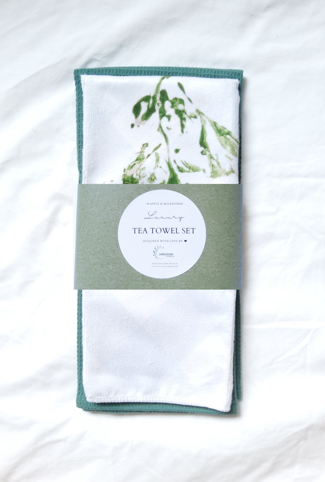 Pale Blue Gingham & Basil Pattern Microfibre & Green Waffle Tea Towel Set 40x60cm