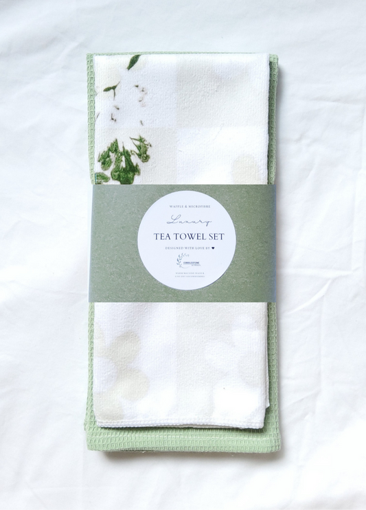 Fresh Apple Green Flower & Parsely Leaf Pattern Microfibre & Soft Green Waffle Tea Towel Set 40x60cm