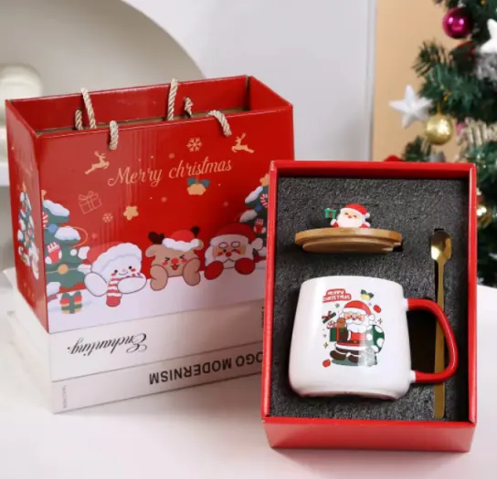 Christmas Coffee Cup with Bamboo Lid & Gold Spoon Gift Box Set ~ Snowman