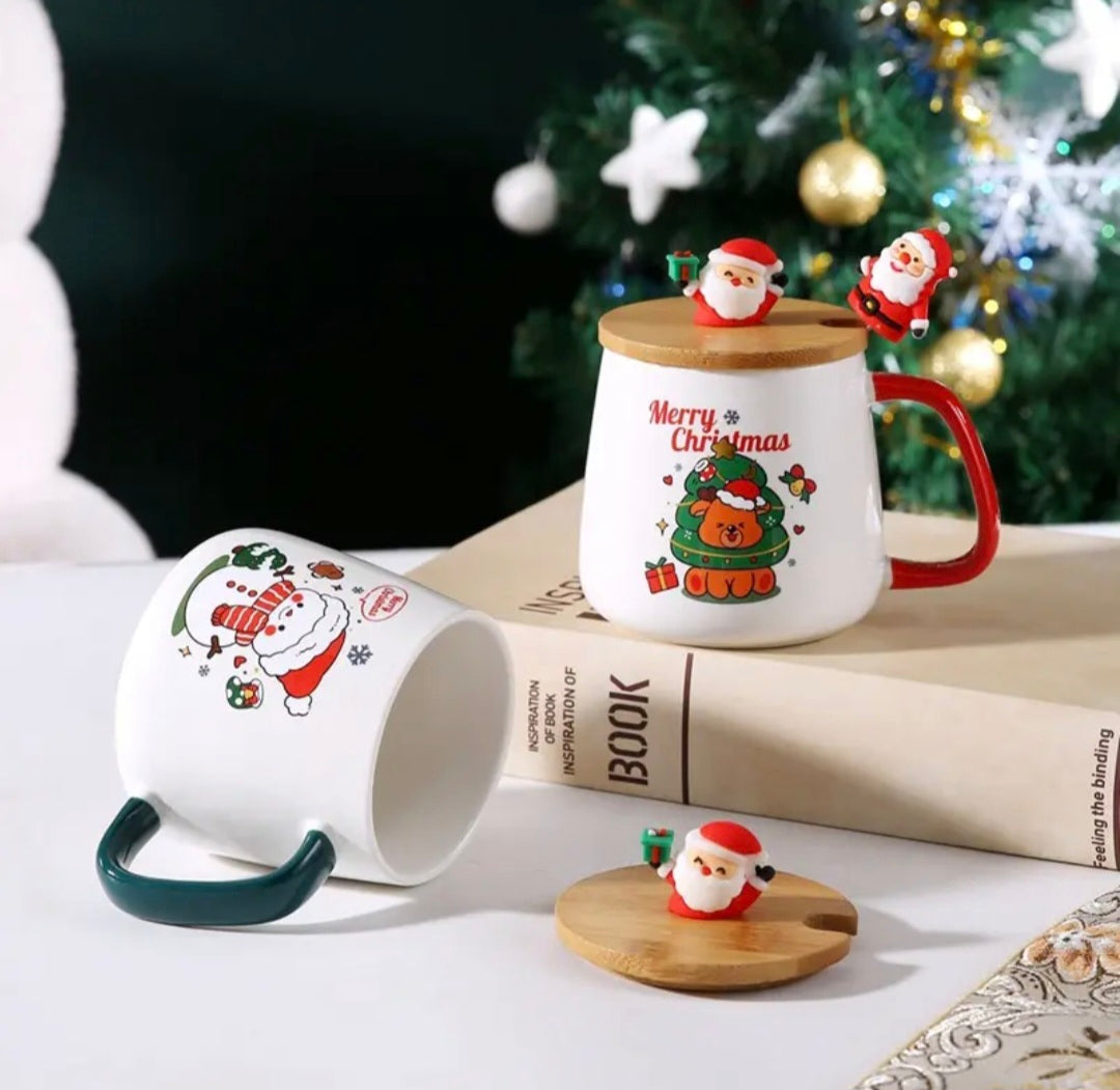 Christmas Coffee Cup with Bamboo Lid & Gold Spoon Gift Box Set ~ Santa