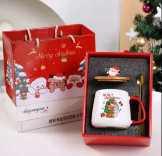 Christmas Coffee Cup with Bamboo Lid & Gold Spoon Gift Box Set ~ Puppy