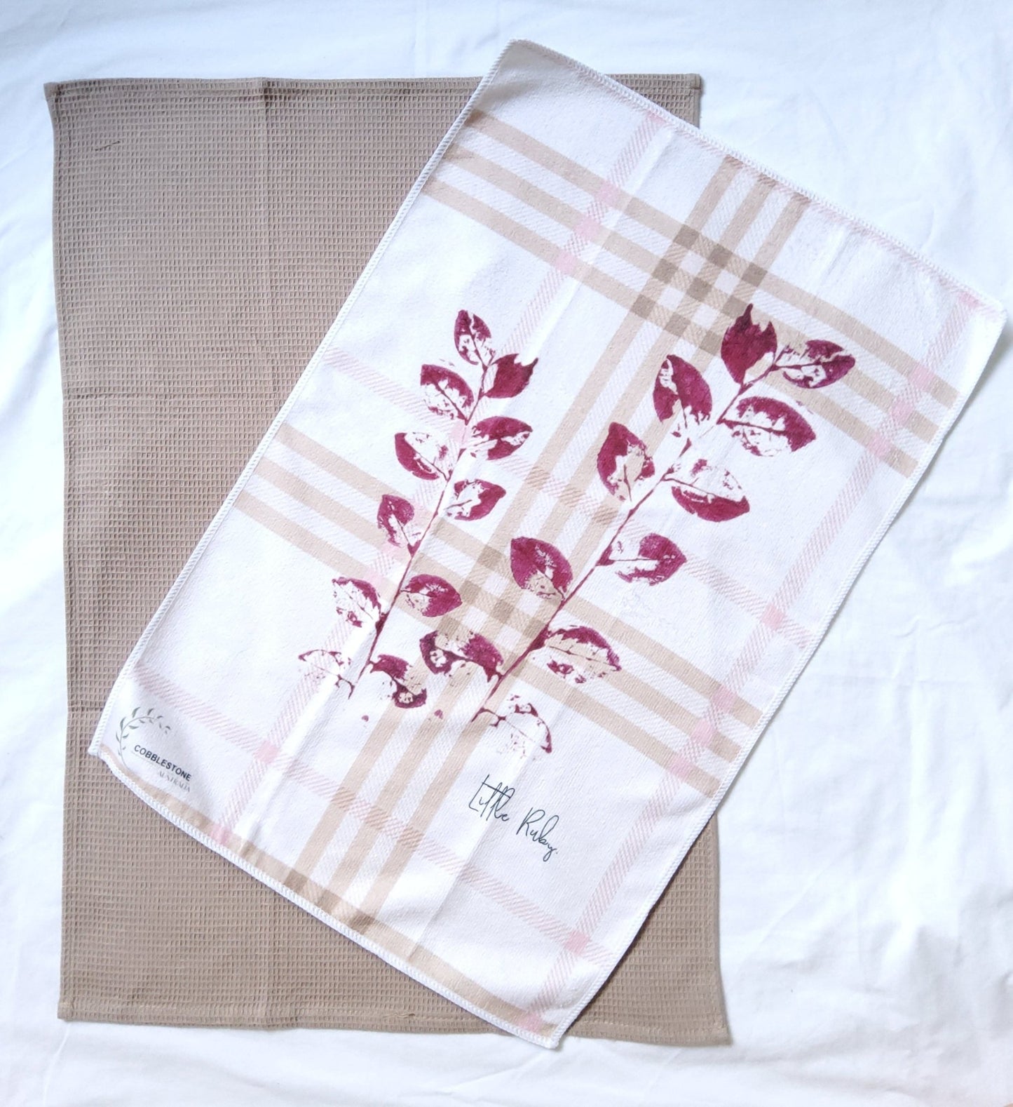 Beige/ Pink Little Ruby Gingham & Flower Pattern Microfibre & Beige Waffle Tea Towel Set 40x60cm - Cobblestone Australia