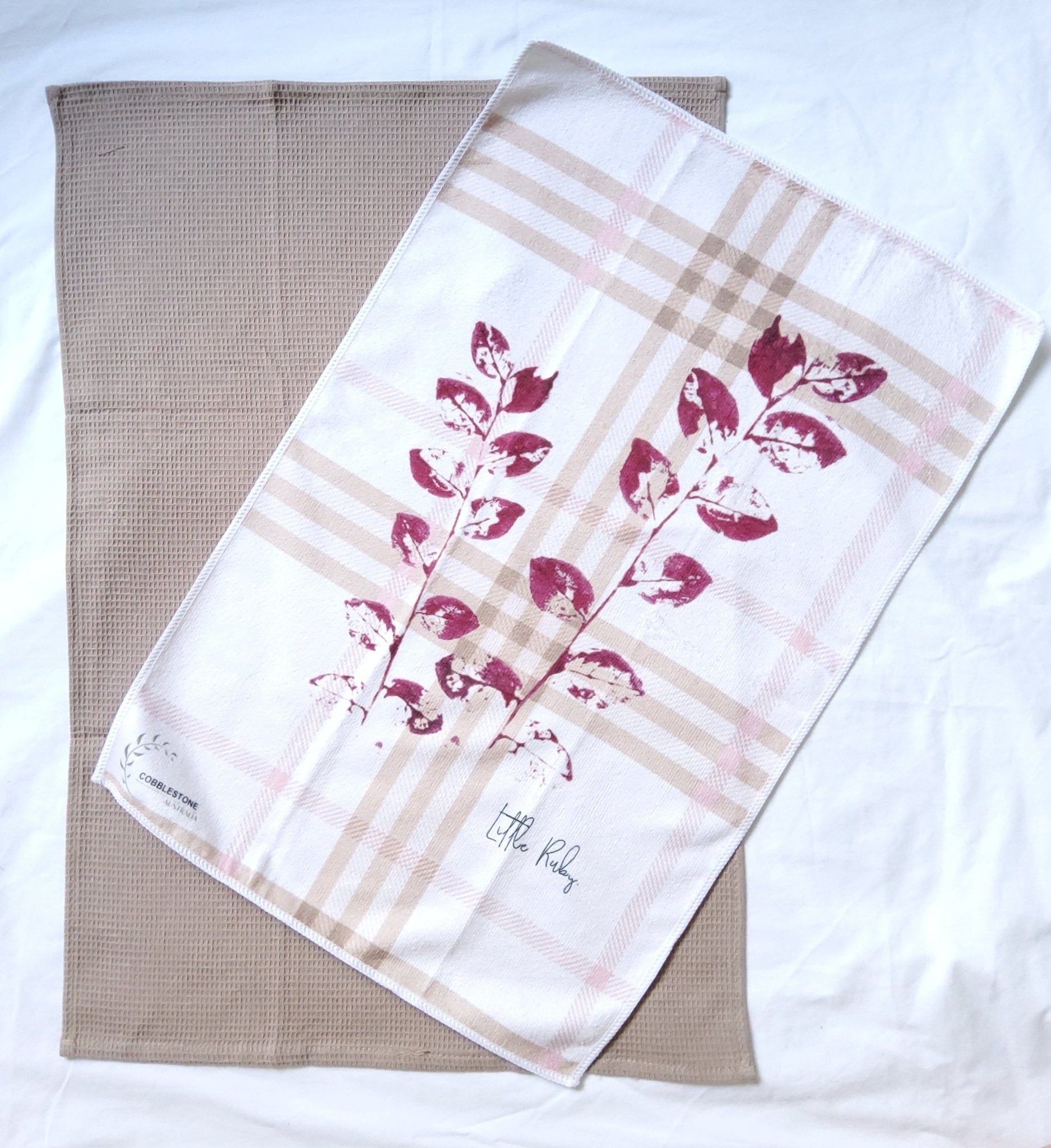 Beige/ Pink Little Ruby Gingham & Flower Pattern Microfibre & Beige Waffle Tea Towel Set 40x60cm - Cobblestone Australia