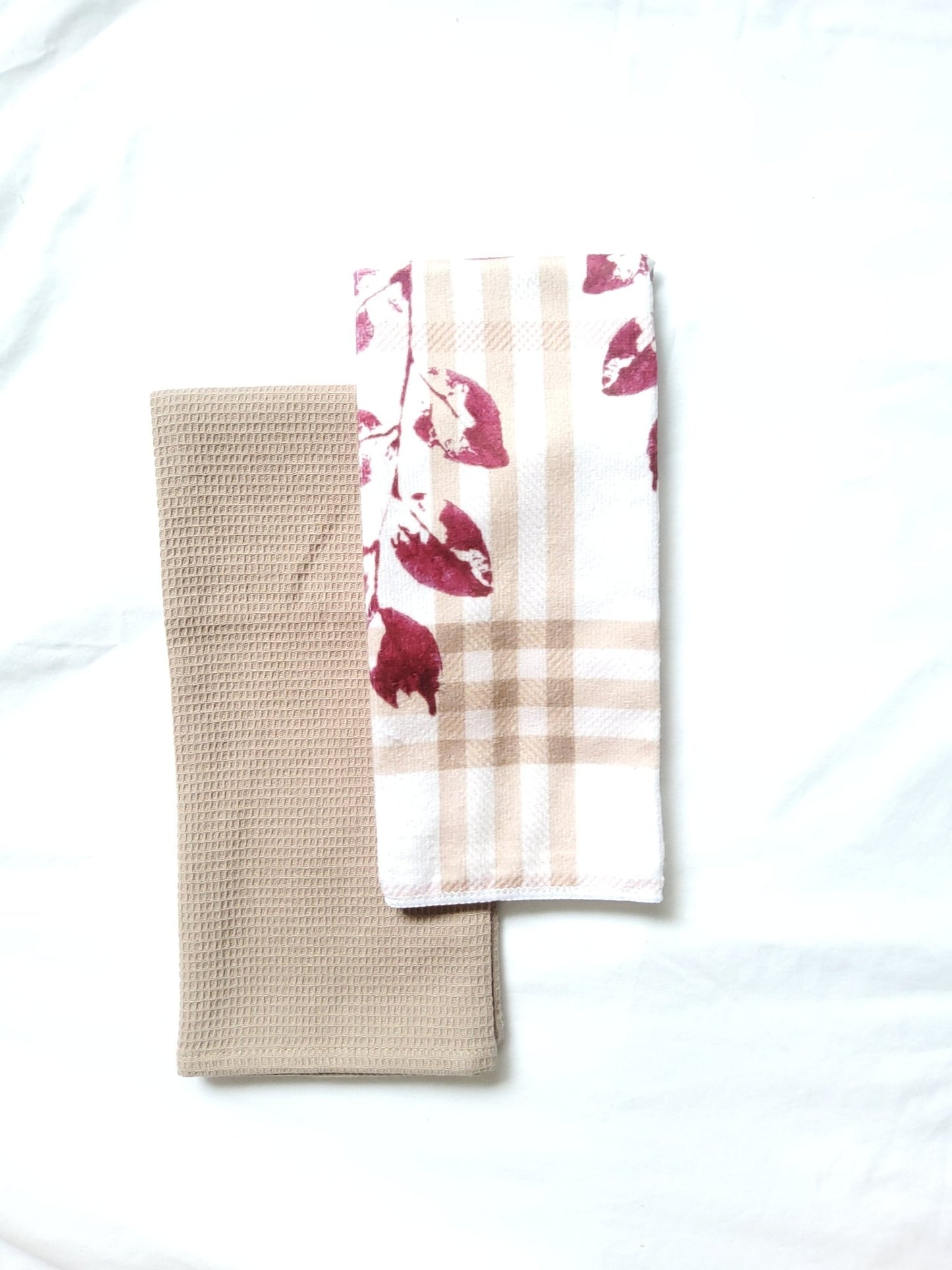 Beige/ Pink Little Ruby Gingham & Flower Pattern Microfibre & Beige Waffle Tea Towel Set 40x60cm - Cobblestone Australia