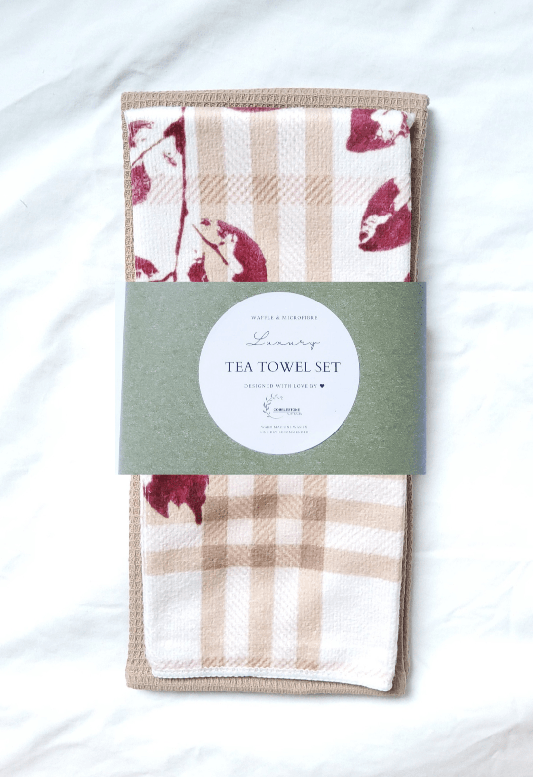 Beige/ Pink Little Ruby Gingham & Flower Pattern Microfibre & Beige Waffle Tea Towel Set 40x60cm - Cobblestone Australia