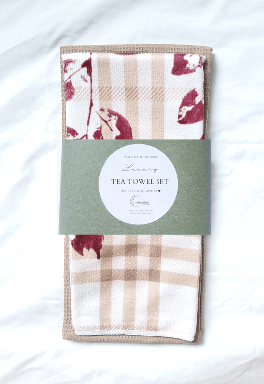Beige/ Pink Little Ruby Gingham & Flower Pattern Microfibre & Beige Waffle Tea Towel Set 40x60cm - Cobblestone Australia