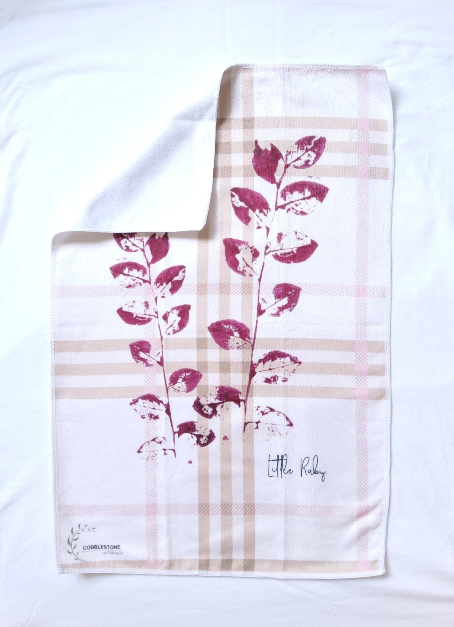 Beige/ Pink Little Ruby Gingham & Flower Pattern Microfibre & Beige Waffle Tea Towel Set 40x60cm - Cobblestone Australia