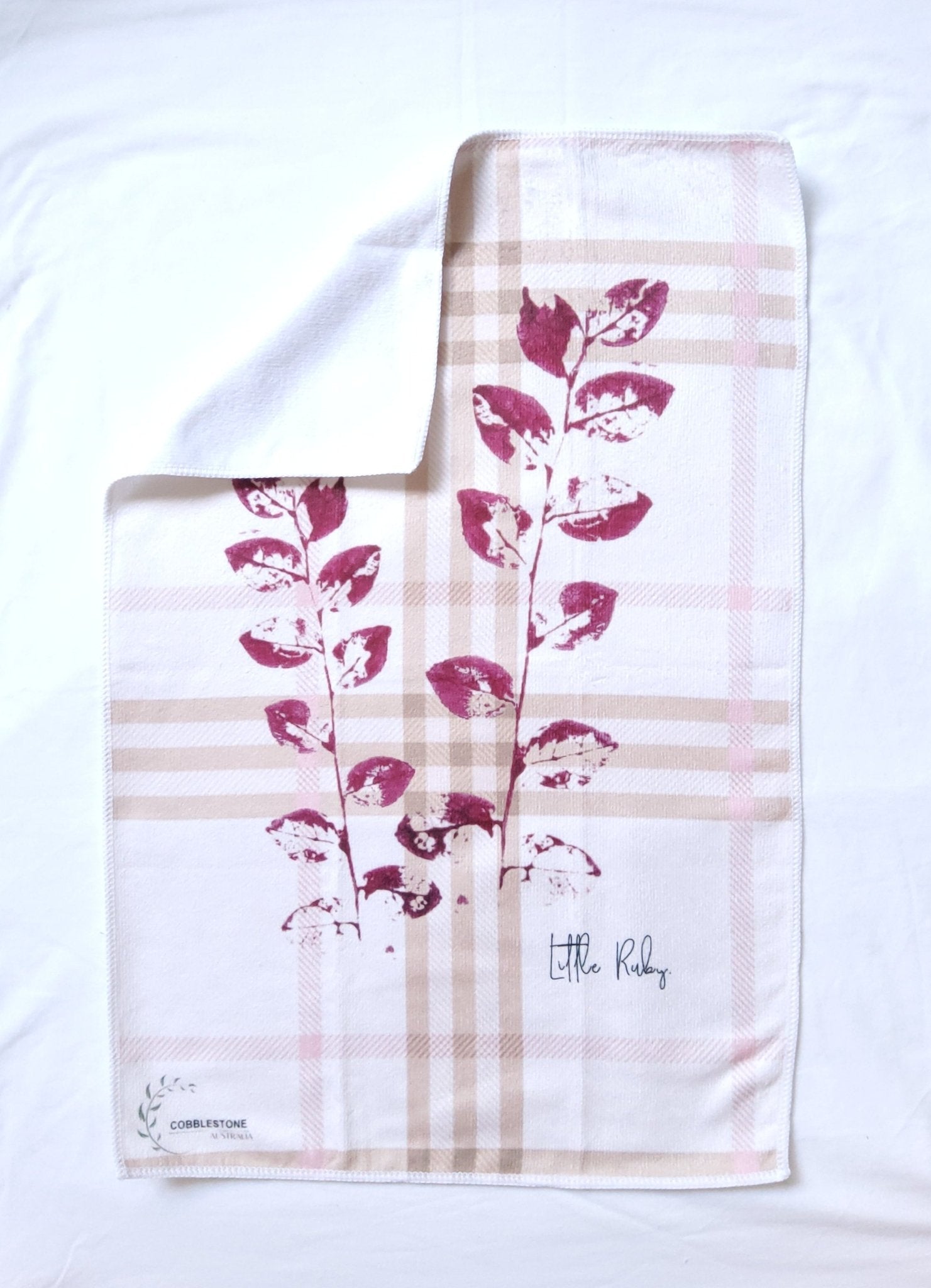 Beige/ Pink Little Ruby Gingham & Flower Pattern Microfibre & Beige Waffle Tea Towel Set 40x60cm - Cobblestone Australia