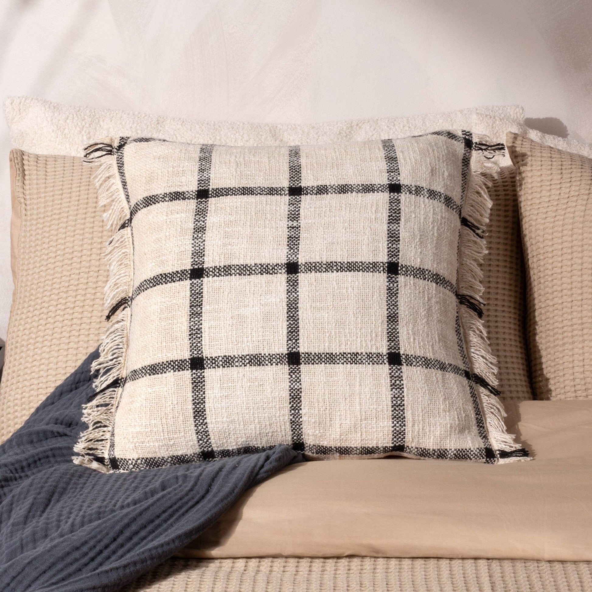 Black and Beige 100% Cotton Check Cushion Cover: 45 x 45cm - Cobblestone Australia