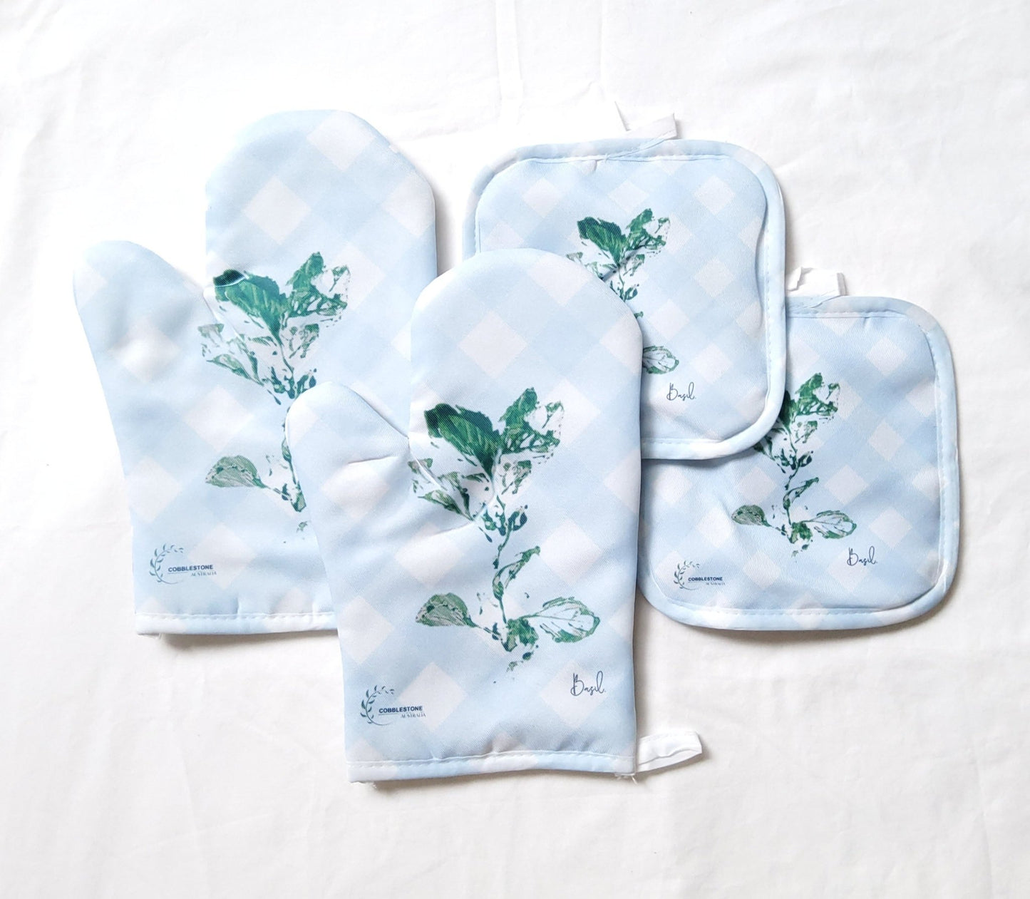 Blue Gingham & Basil Pattern Oven Mitt & Pot Holder Set - Cobblestone Australia