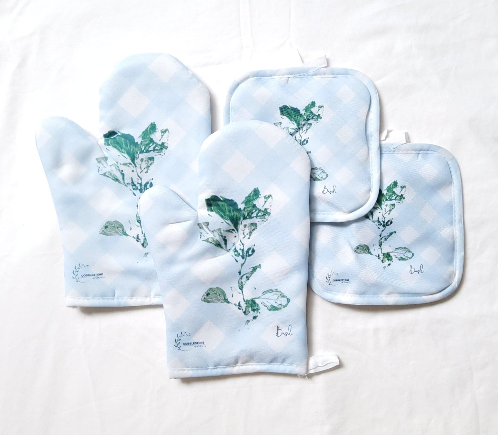 Blue Gingham & Basil Pattern Oven Mitt & Pot Holder Set - Cobblestone Australia