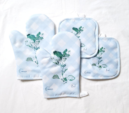 Blue Gingham & Basil Pattern Oven Mitt & Pot Holder Set - Cobblestone Australia