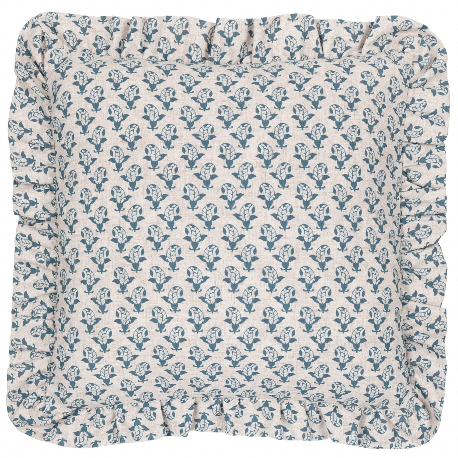 Blue Printed Ruffle Cushion Cover: 45 x 45cm - Cobblestone Australia