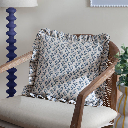 Blue Printed Ruffle Cushion Cover: 45 x 45cm - Cobblestone Australia