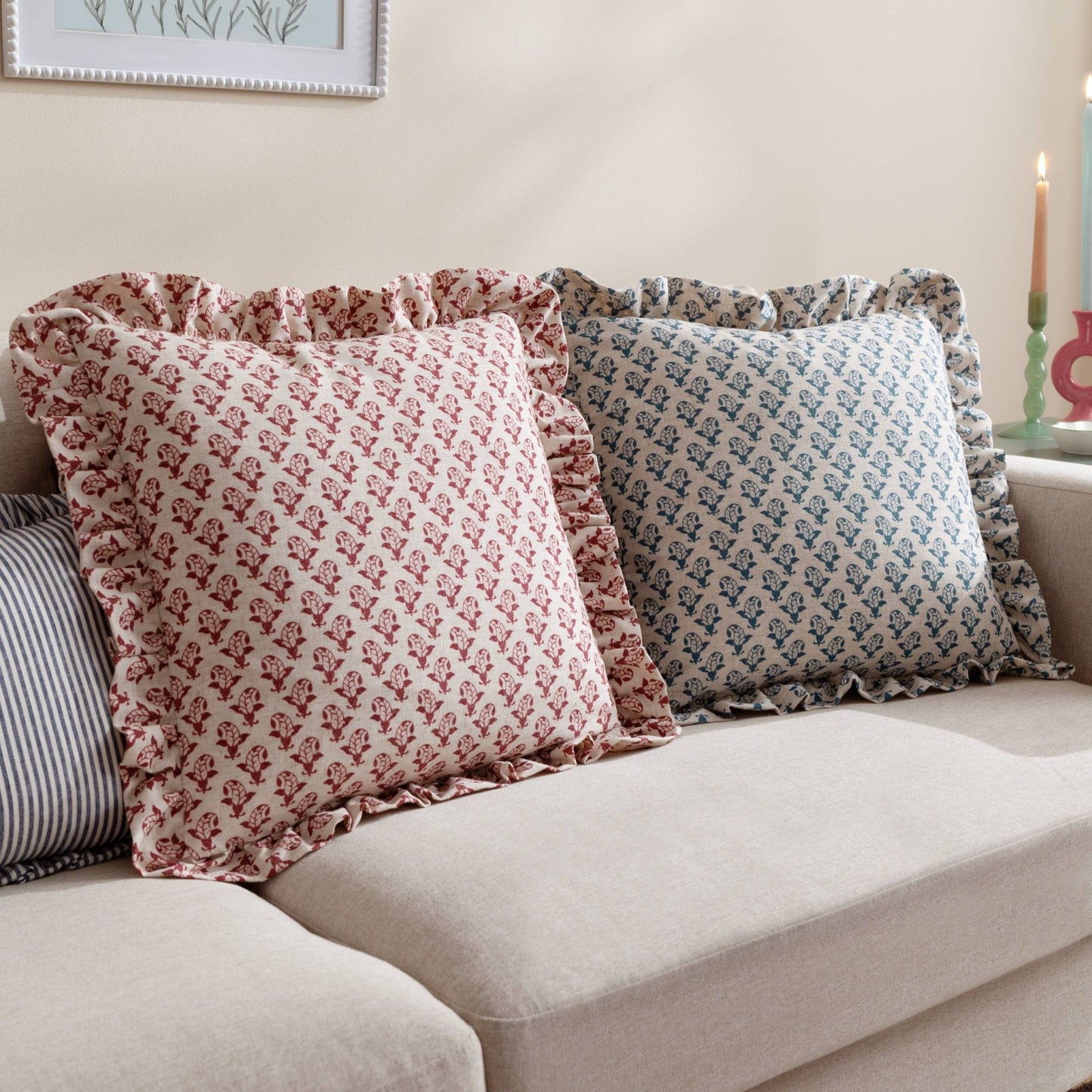 Blue Printed Ruffle Cushion Cover: 45 x 45cm - Cobblestone Australia