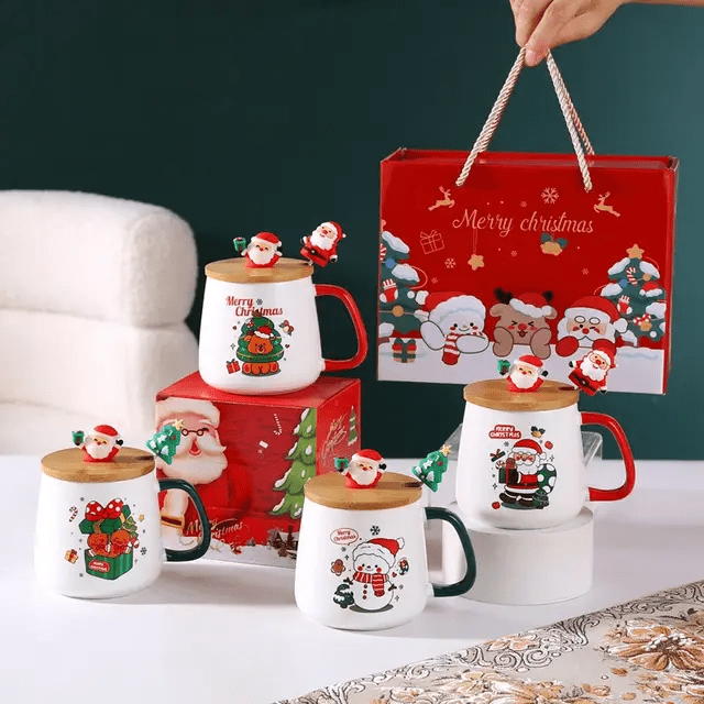 Christmas Coffee Cup with Bamboo Lid & Gold Spoon Gift Box Set ~ Present - Cobblestone Australia