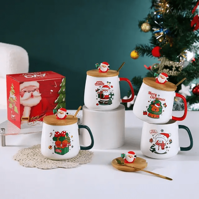 Christmas Coffee Cup with Bamboo Lid & Gold Spoon Gift Box Set ~ Santa - Cobblestone Australia
