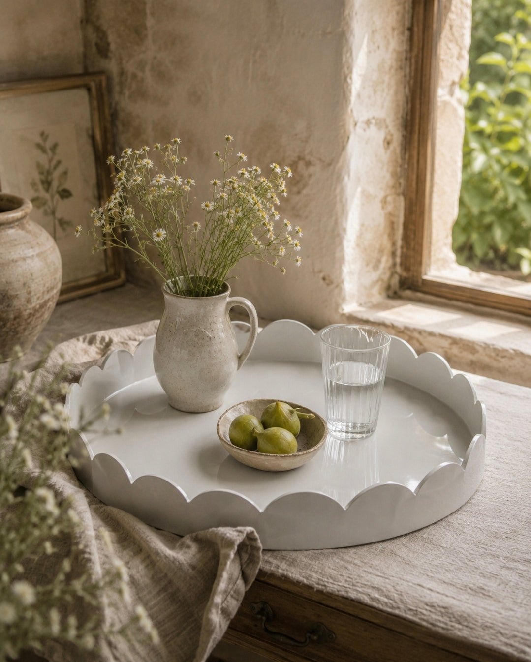 Dove Grey Timber Scalloped Large Round Serving Tray 50cm - Cobblestone Australia