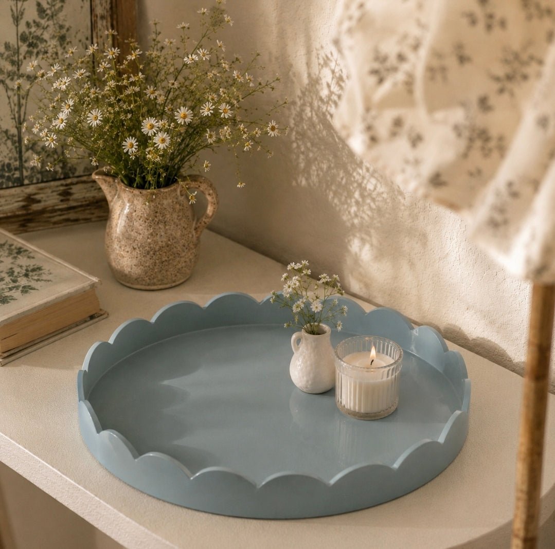 Dusty Blue Timber Scalloped Large Round Serving Tray 50cm - Cobblestone Australia