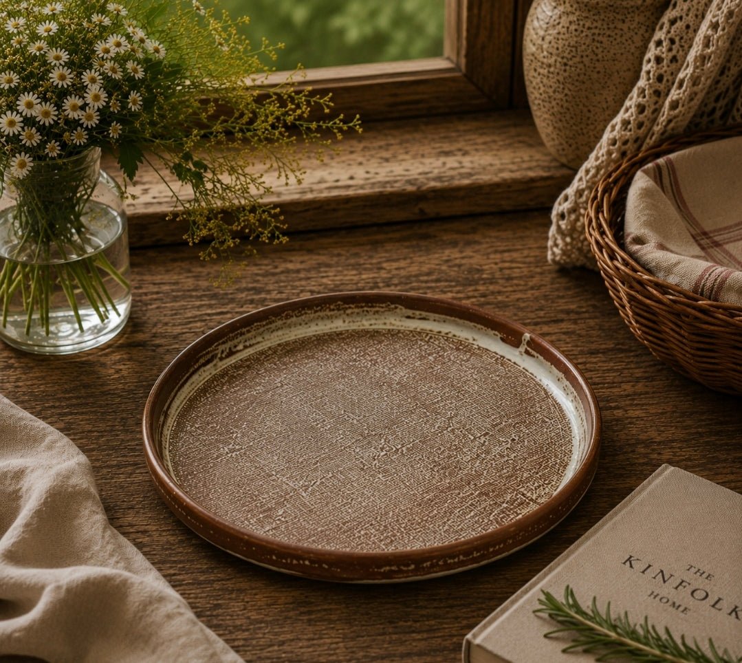 Farmhouse Haven Textured Ceremic Round Serving Platter - Wheat/Large - Cobblestone Australia