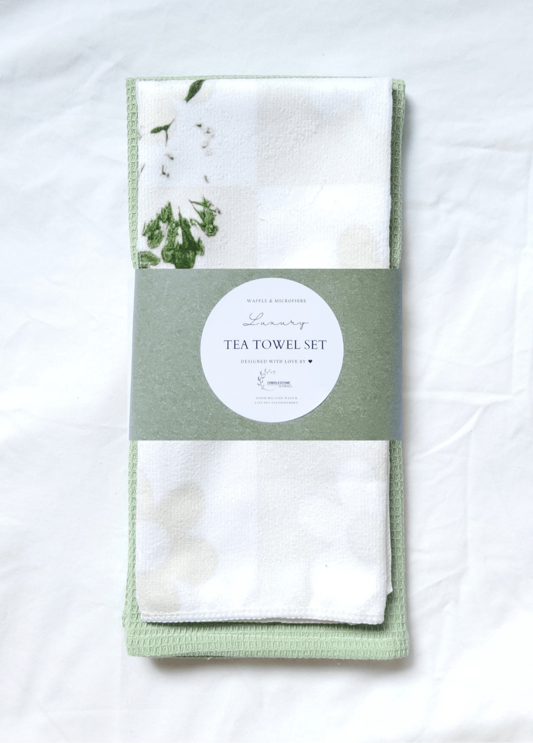Fresh Apple Green Flower & Parsely Leaf Pattern Microfibre & Soft Green Waffle Tea Towel Set 40x60cm - Cobblestone Australia