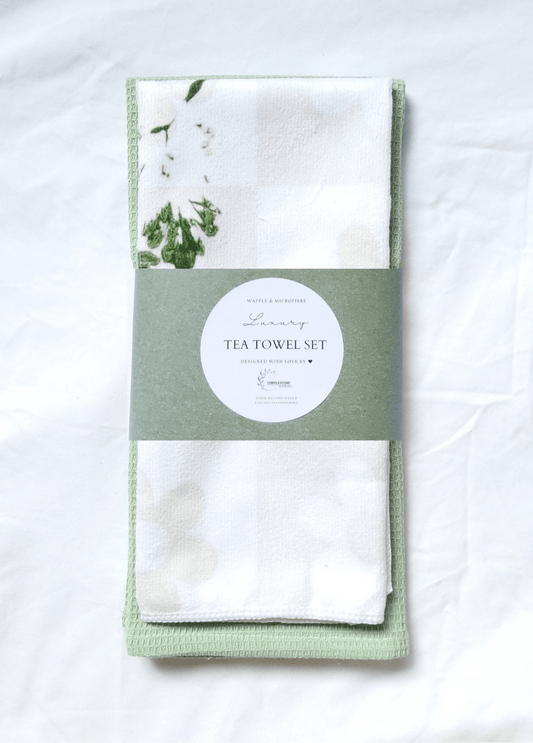 Fresh Apple Green Flower & Parsely Leaf Pattern Microfibre & Soft Green Waffle Tea Towel Set 40x60cm - Cobblestone Australia