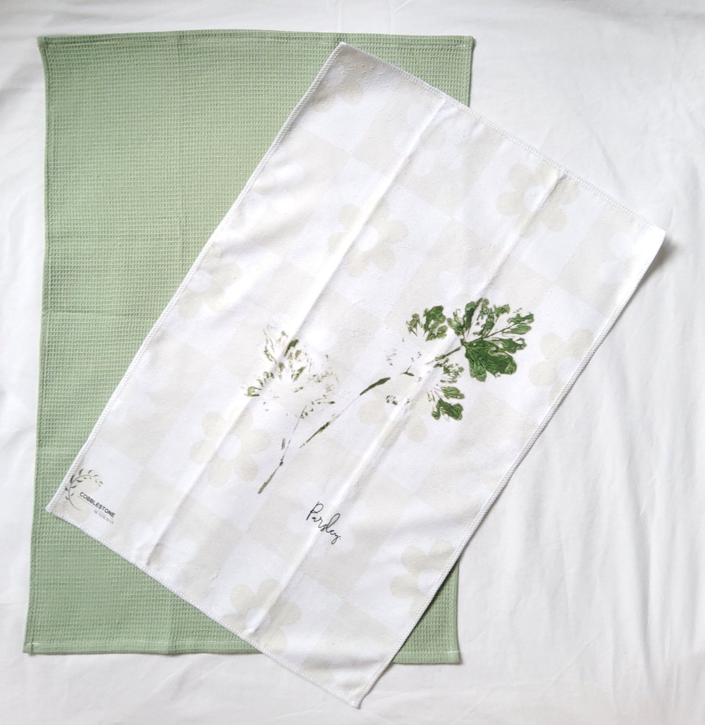 Fresh Apple Green Flower & Parsely Leaf Pattern Microfibre & Soft Green Waffle Tea Towel Set 40x60cm - Cobblestone Australia