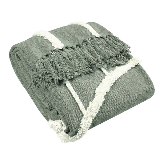 Grey/Green Tuft Tasselled Throw: 130 x 150cm - Cobblestone Australia