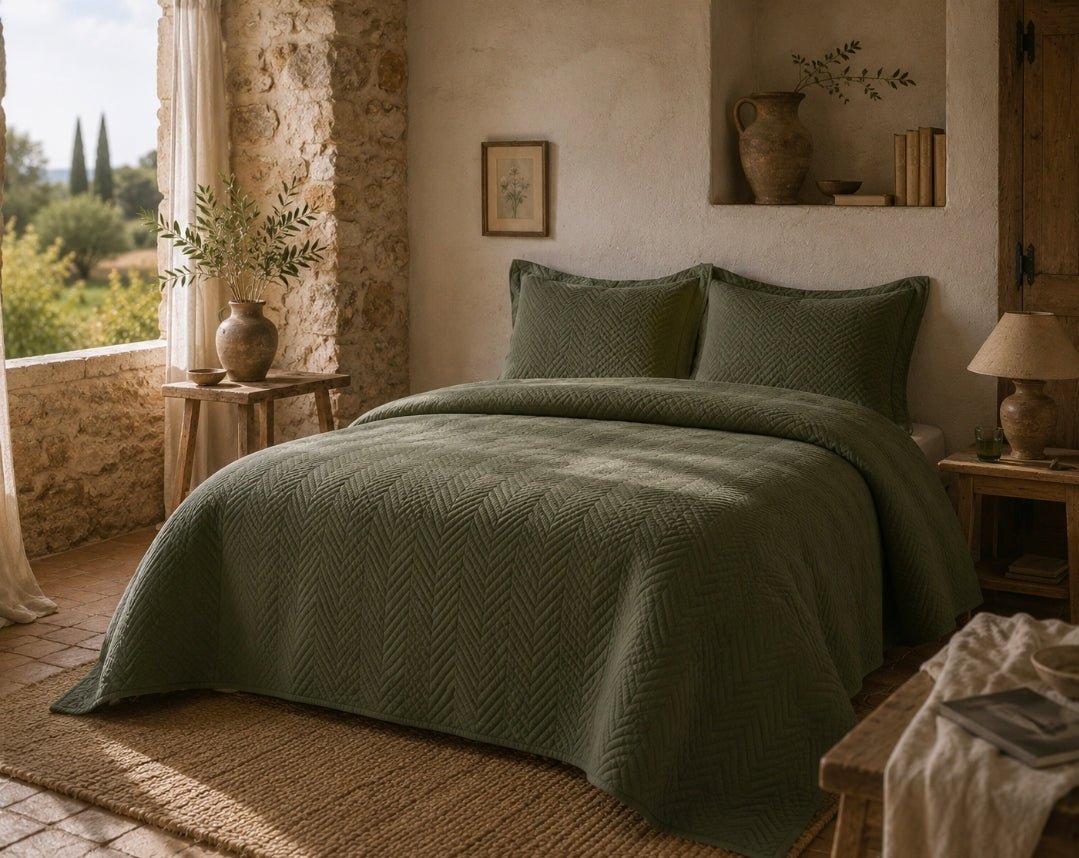 Herringbone Embossed Coverlet Set - Moss: Queen/King - Cobblestone Australia