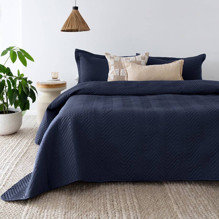 Herringbone Embossed Coverlet Set: Navy / Queen/King - Cobblestone Australia