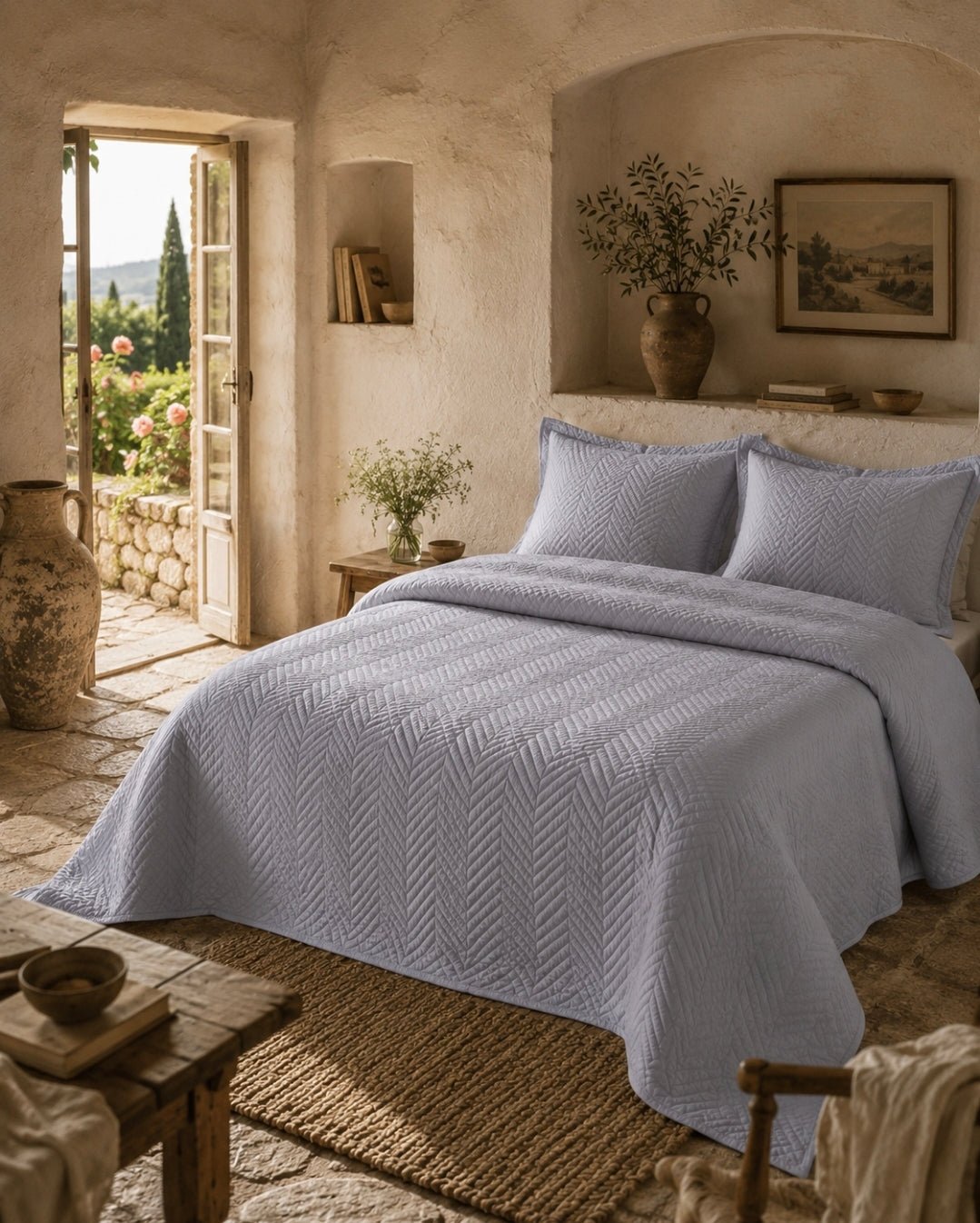 Herringbone Embossed Coverlet Set: Silver / Queen/King - Cobblestone Australia