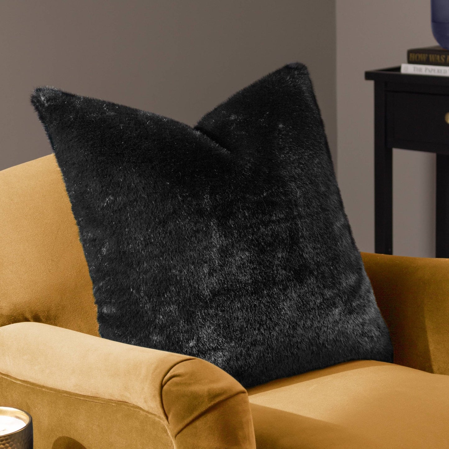 Jet Black Faux Fur Cushion Cover: 55 x 55cm - Cobblestone Australia