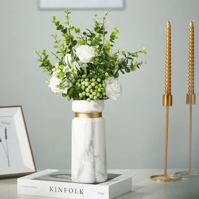 Marble Look White Ceramic Vase 21cm - Cobblestone Australia
