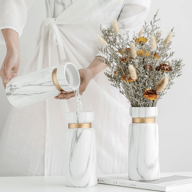 Marble Look White Ceramic Vase 21cm - Cobblestone Australia