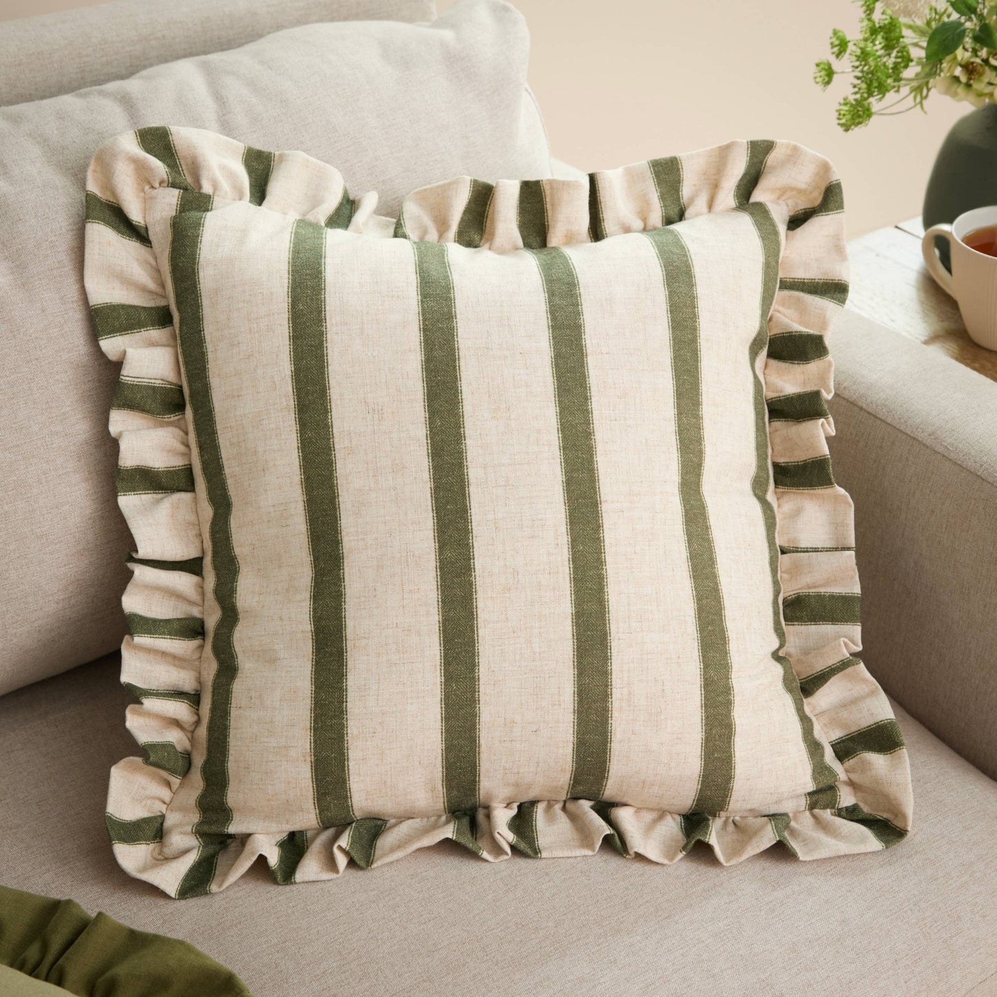 Moss Striped Ruffle Cushion Cover: 45 x 45cm - Cobblestone Australia