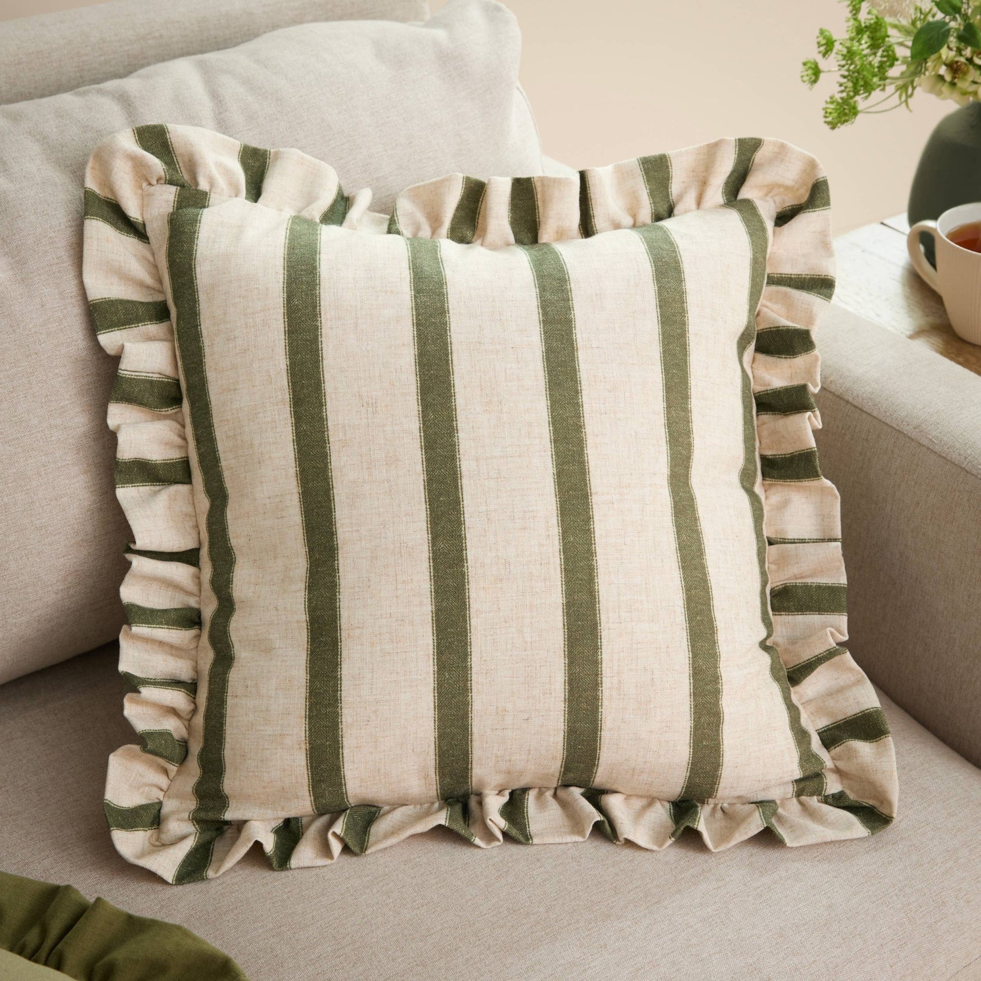 Moss Striped Ruffle Cushion Cover: 45 x 45cm - Cobblestone Australia